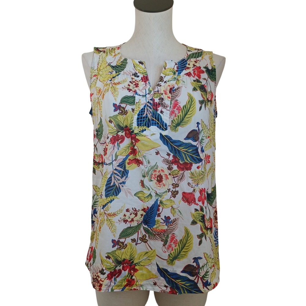 Talbots Womens Medium White Tropical Floral Cotton Sleeveless Split Neck Top